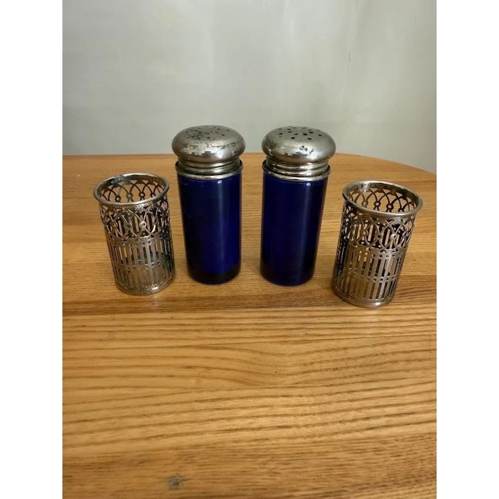 Vintage Cobalt Blue Salt & Pepper Shakers, Silver Plate Filigree Leonard,  Japan